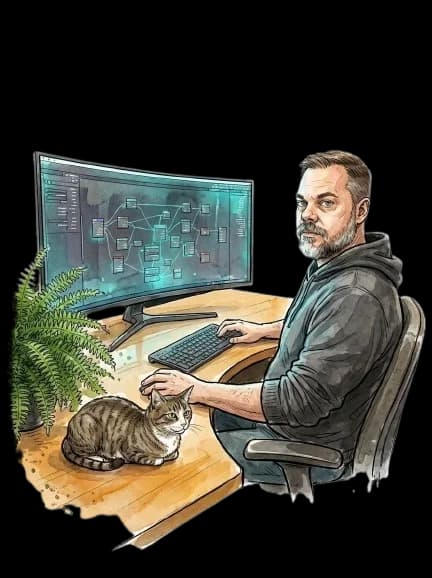 Guy at his desk with a curved monitor showing an AI workflow graph, plant, and cat