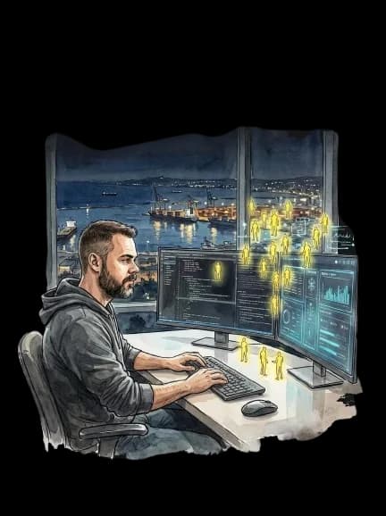 Guy at his workstation - dual monitors orchestrating an AI workforce, harbor view through the window